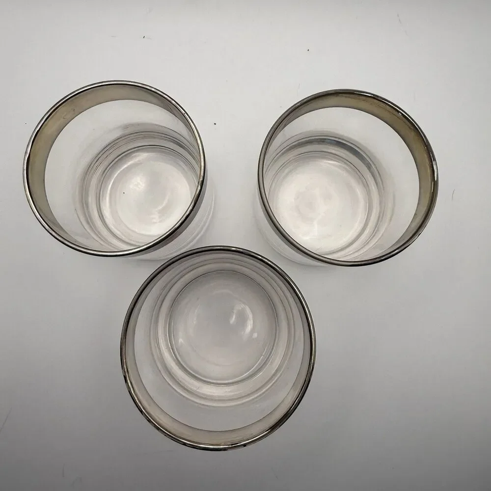 Set 3 Vintage Mid Century Silver Rim Rocks Glasses Whiskey Cocktail Thorpe Style